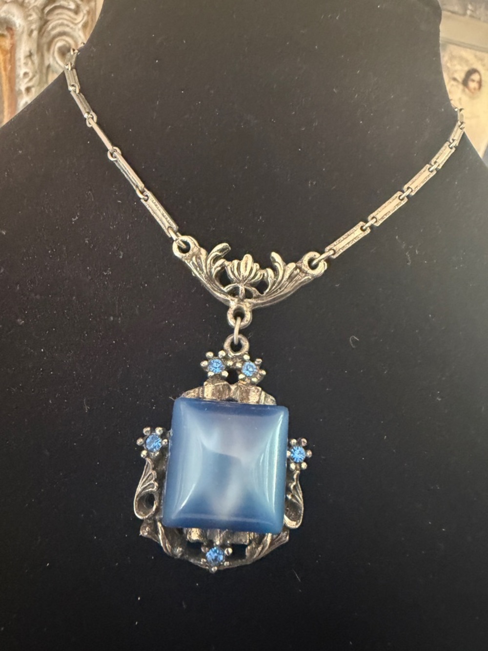 Vintage Moonglow Blue Thermoset Rhinestone Necklace 15” Box Clasp - Picture 2 of 5